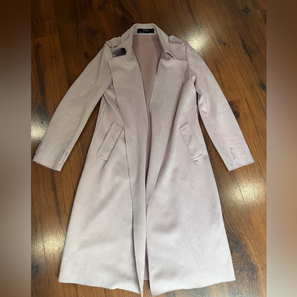 Zara Basic women's faux suede trench coat powder pink color Sz XS